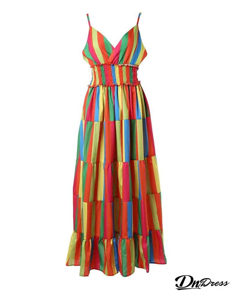 Rainbow Stripe Print Halter Backless Maxi Dress
