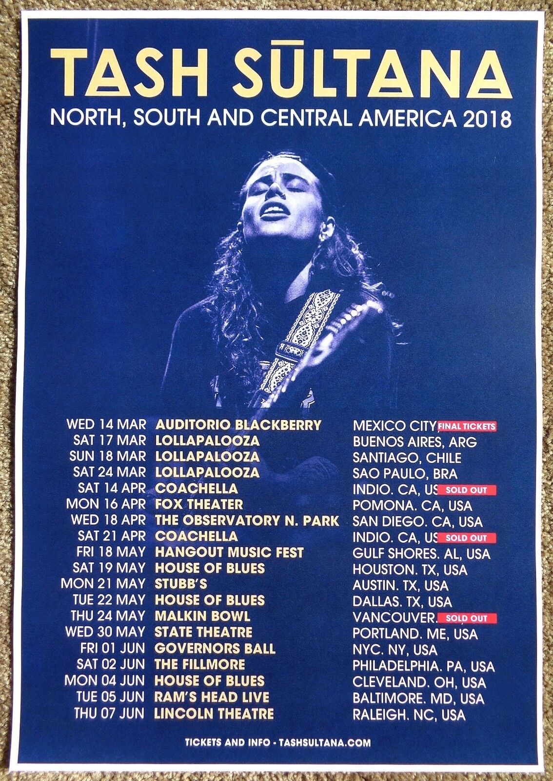 TASH SULTANA 2018 Tour POSTER March-June Gig Concert