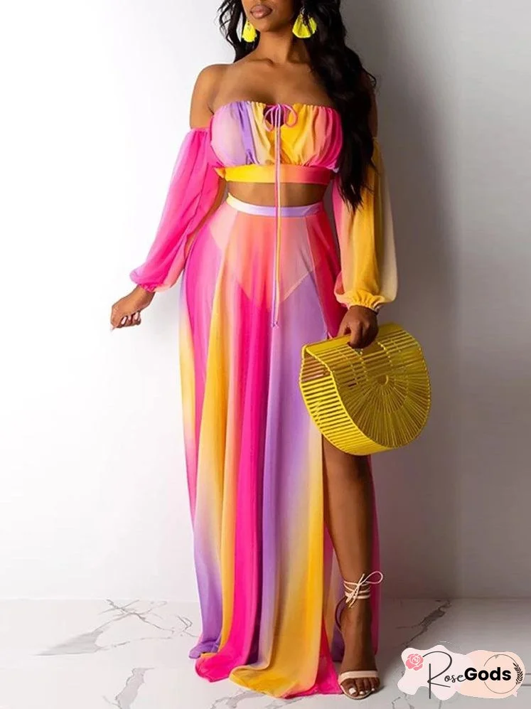 Off Shoulder Colorblock Crop Top & High Slit Maxi Skirt Set