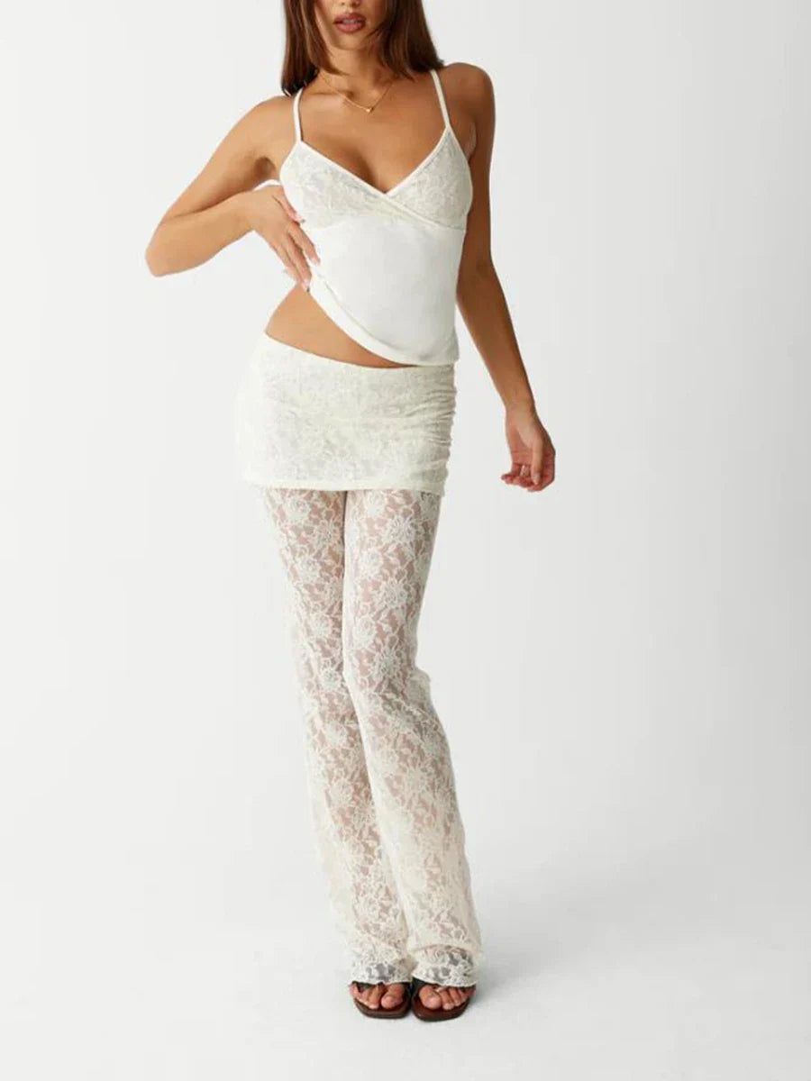Llyge Women's Elegant 2 Piece Floral Lace Casual Outfits Sleeveless V Neck Camisole + Flared Long Pants Sets Streetwear llyge