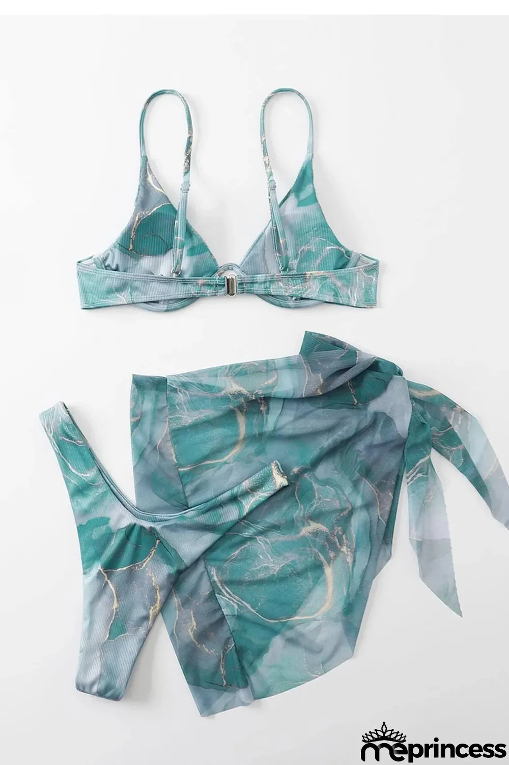 Ink Green Sexy Print Bandage Patchwork Asymmetrical 3 Piece Sets