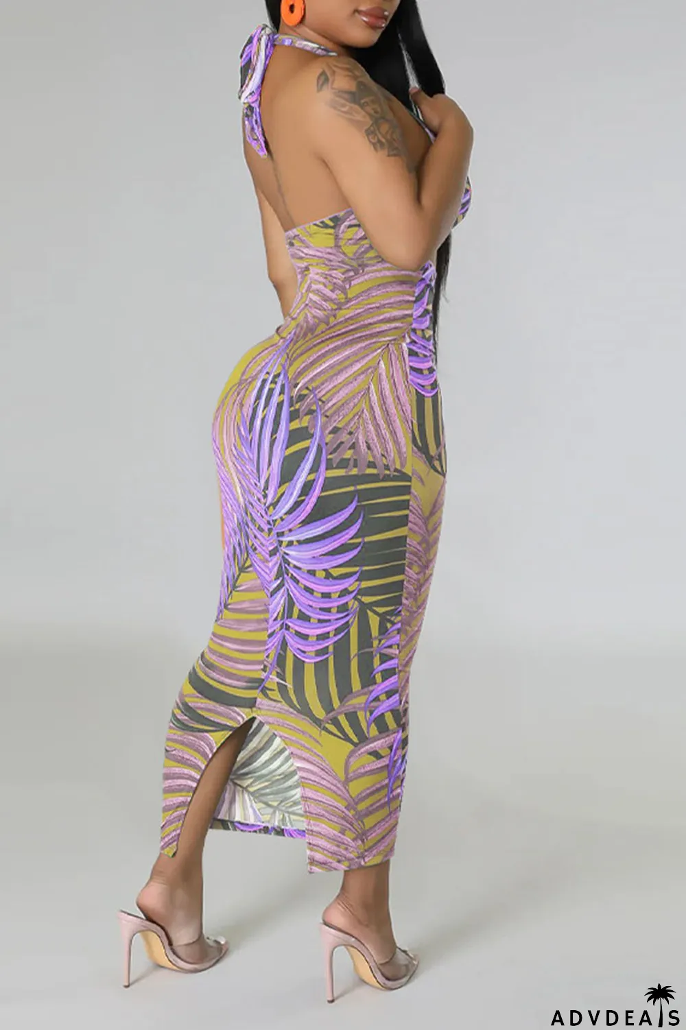 Green Sexy Print Bandage Patchwork Backless Halter Pencil Skirt Dresses