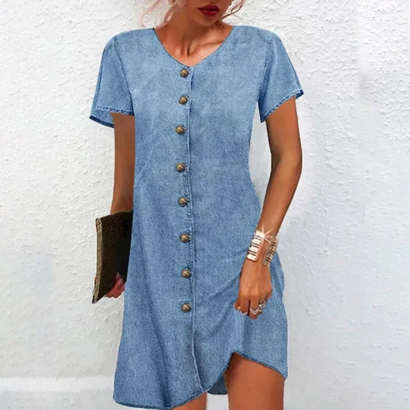 Women's Modern V Neck Button Denim Mini Dress