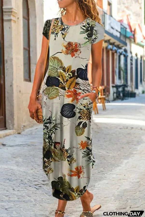 Ada Ethnic Floral Pocketed Daily /vacation Stretch Midi Dress