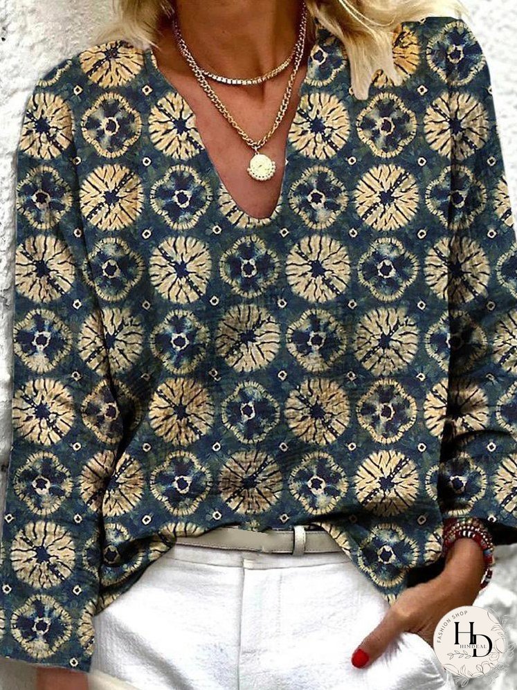 Blouses Vintage Print V-Neck Long Sleeve Blouse for Women
