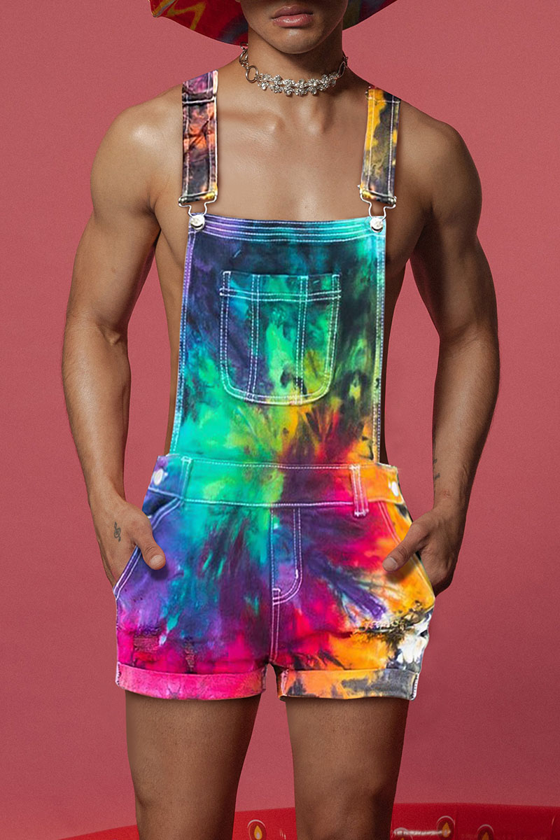 Ciciful Rainbow Tie Dye Print Festival Shorts Overalls Romper