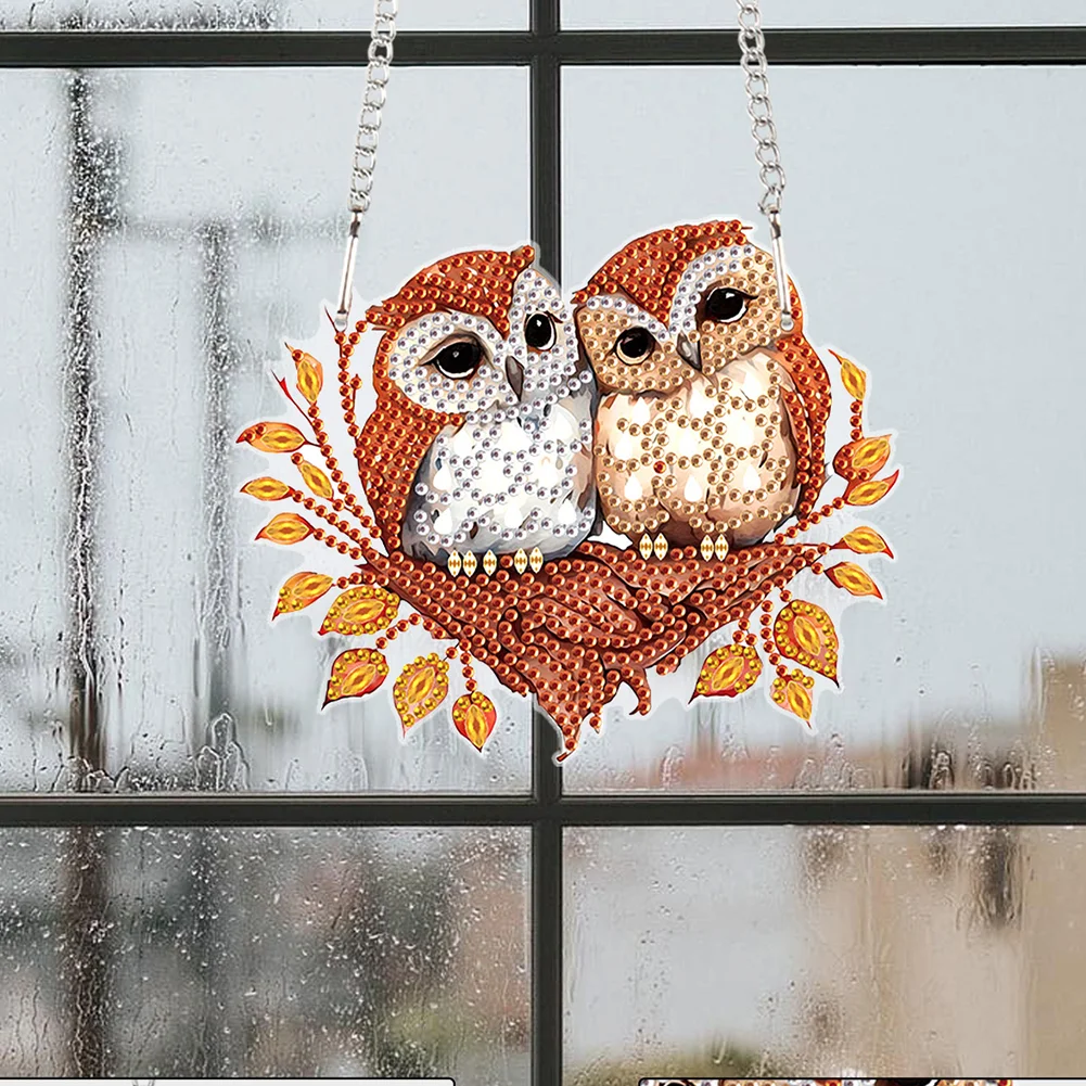 DIY Autumn Owl Special Shape Diamond Painting Hanging Pendant