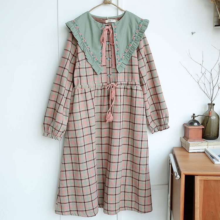 Queenfunky cottagecore style Candy Color Embroidered Plaid Fleece Dress QueenFunky