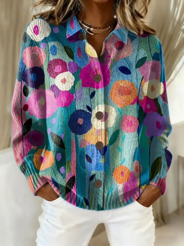 Women's Floral Pattern Art Print Casual Cotton Knitted Sweater