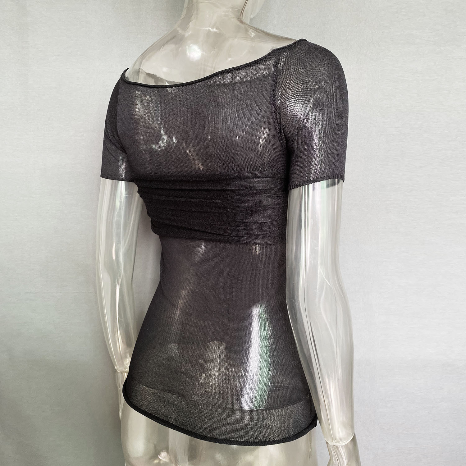 Ootddress Short Sleeve Mesh Top Shirt For Women Off-Shoulder See-Through Knit Sexy Pullover Summer Sheer New 2025 Ladies T-shirt