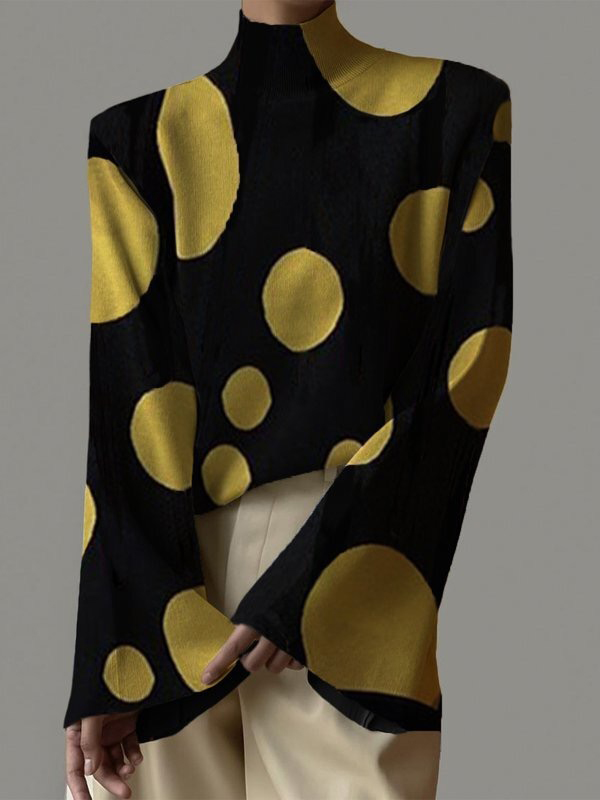 Flared Sleeves Long Sleeves Polka-Dot Printed High Neck T-Shirts Tops