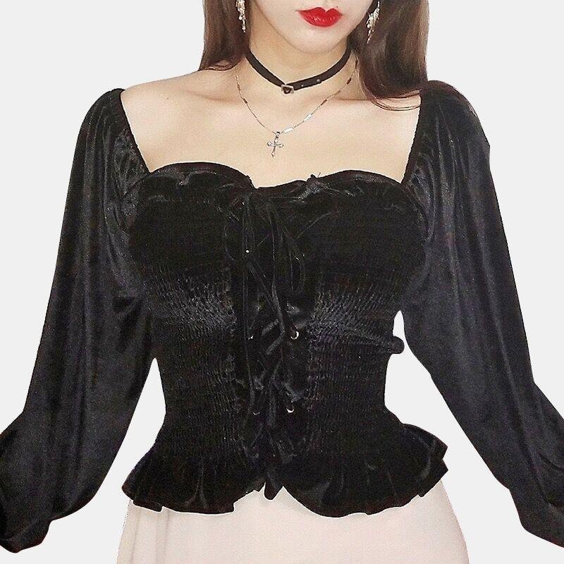 Square Neck Lace Up Velvet Top With Flared Sleeves