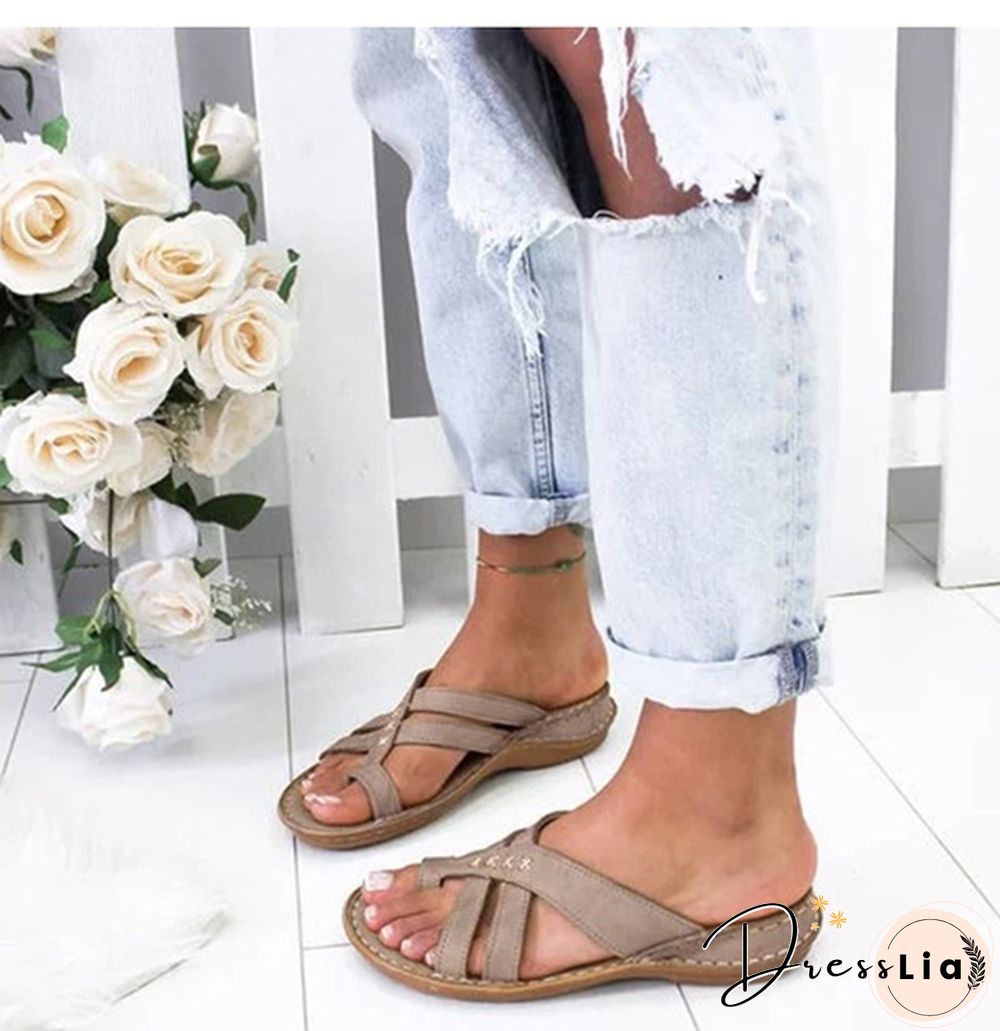Summer Sandals Women Comfy Slippers Roman Leather Wedge Sandals Low Heels Beach Shoes Casual Flip Flops Sandalia Feminina