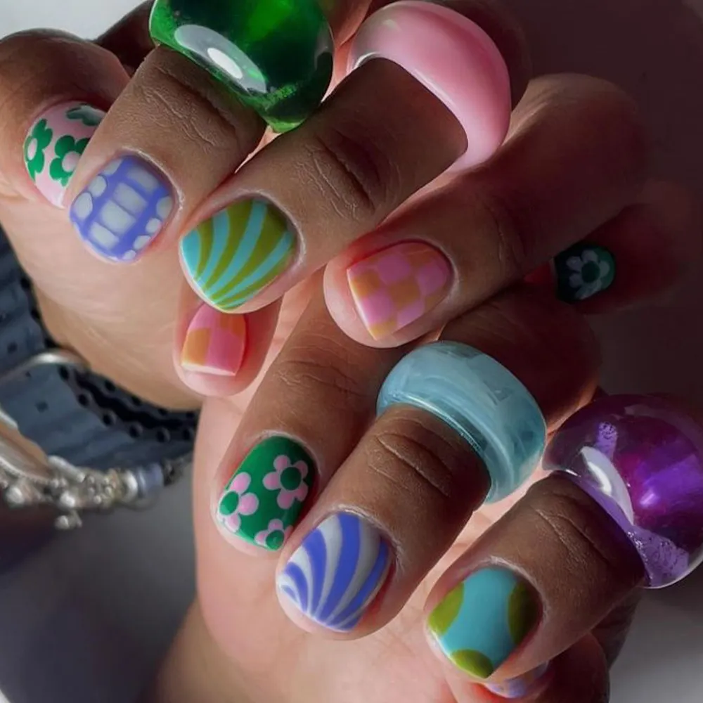 Churchf Churchf Oil Short Square Nail Flower Stripe Checkerboard Beautiful Nail Piece Wearing Nail Removable Nail Nail Products
