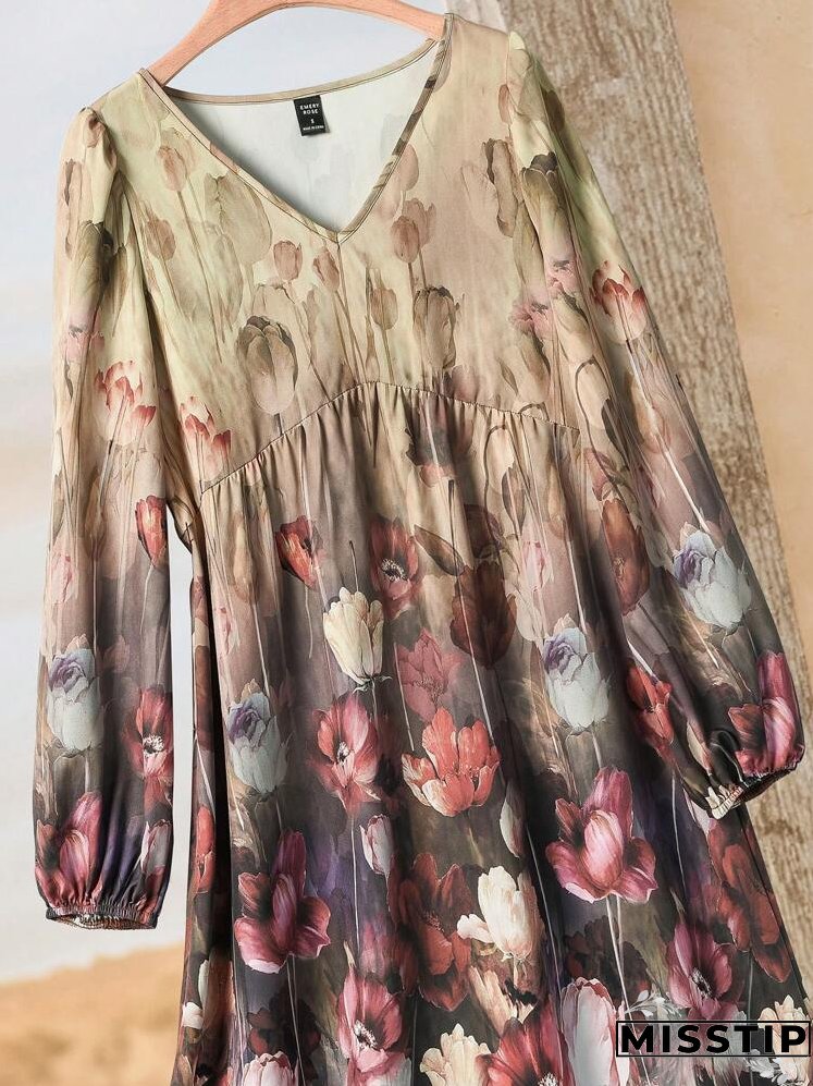 Women's V-Neck Floral Print Elegant Long Sleeve Short Dress