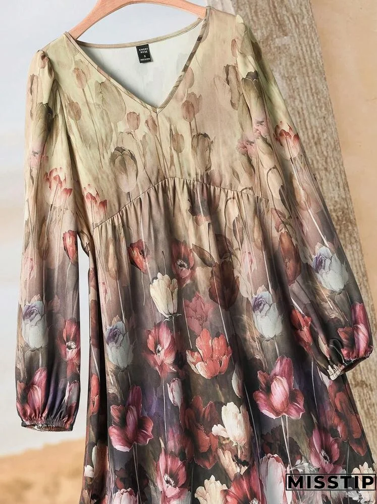 Women's V-Neck Floral Print Elegant Long Sleeve Short Dress