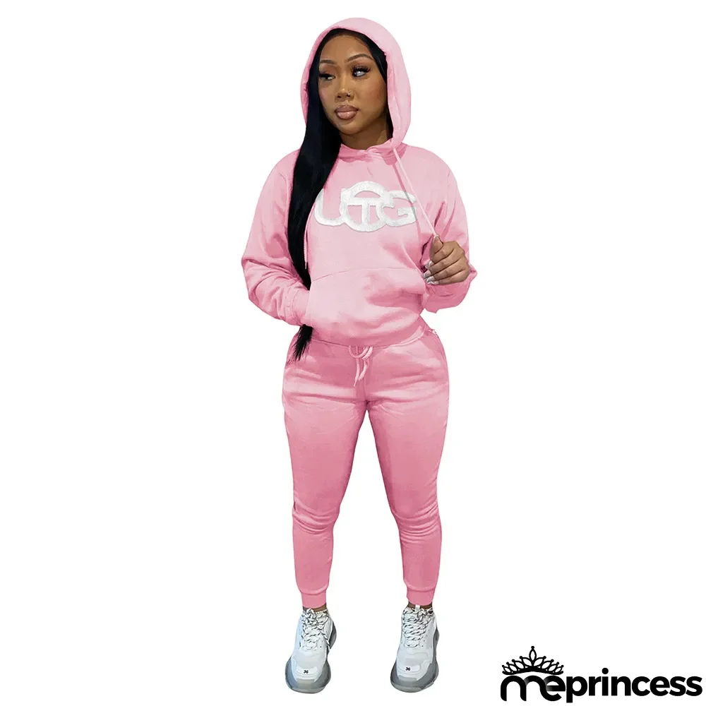 Ladies Embroidered Plush Fall Winter Fleece Hoodies Set
