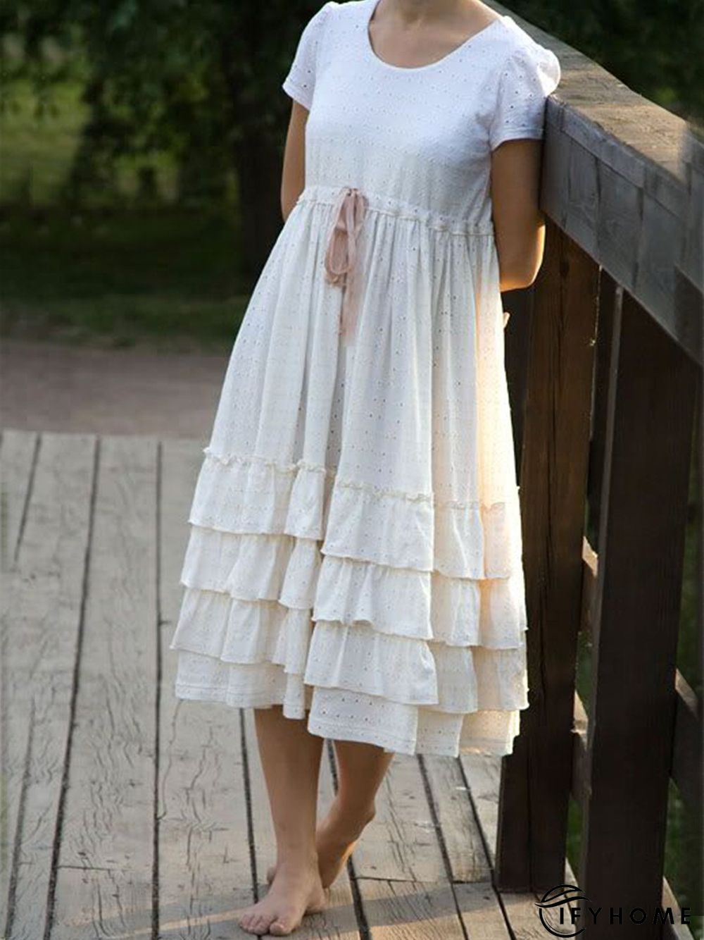 Beige Casual Crew Neck Cotton Weaving Dress | IFYHOME