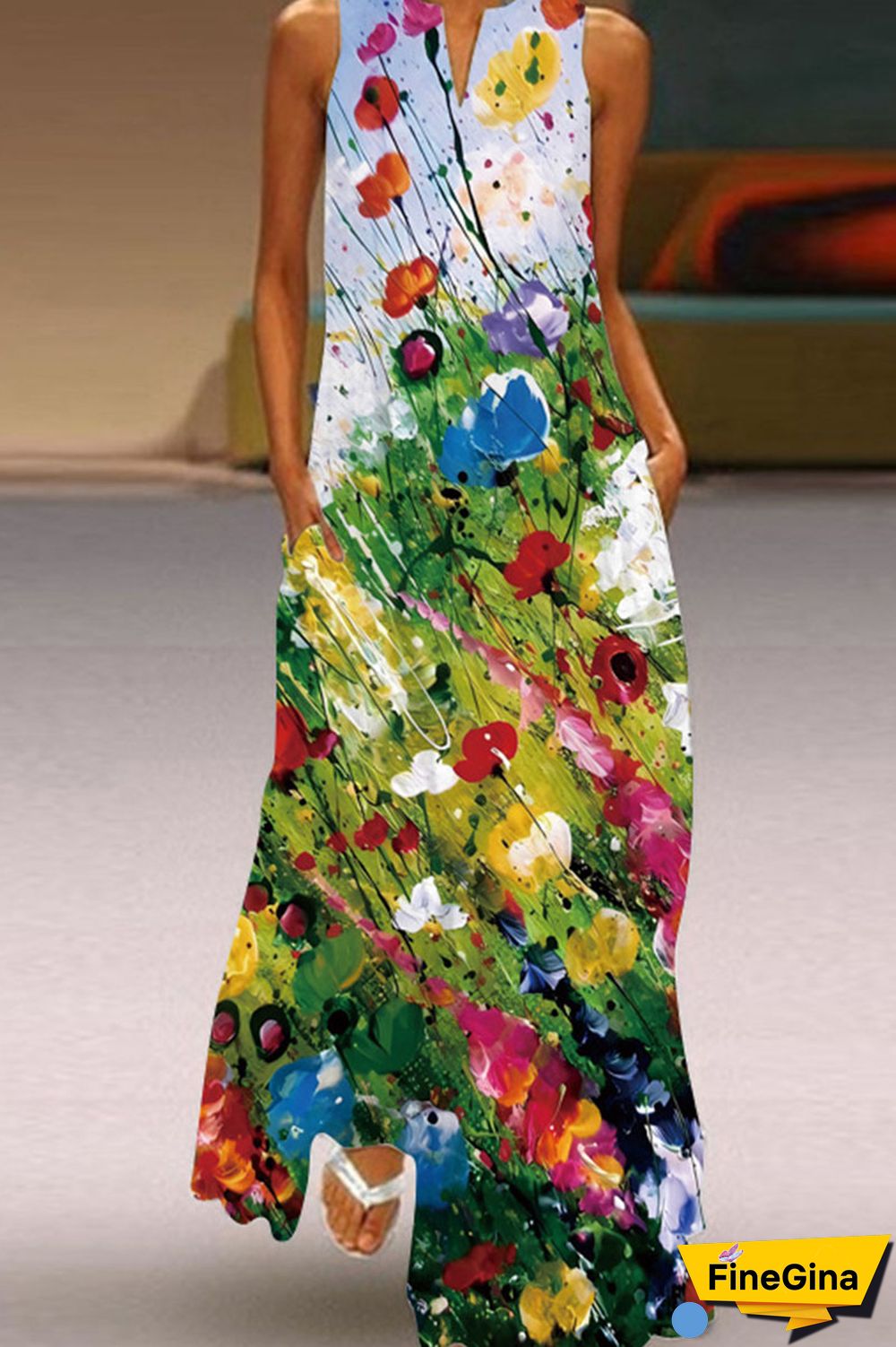 Yellow And Blue Casual Elegant Print Patchwork V Neck A Line Dresses