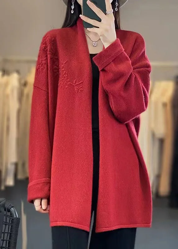 Loose Red V Neck Embroideried Cashmere Cardigan Top Fall