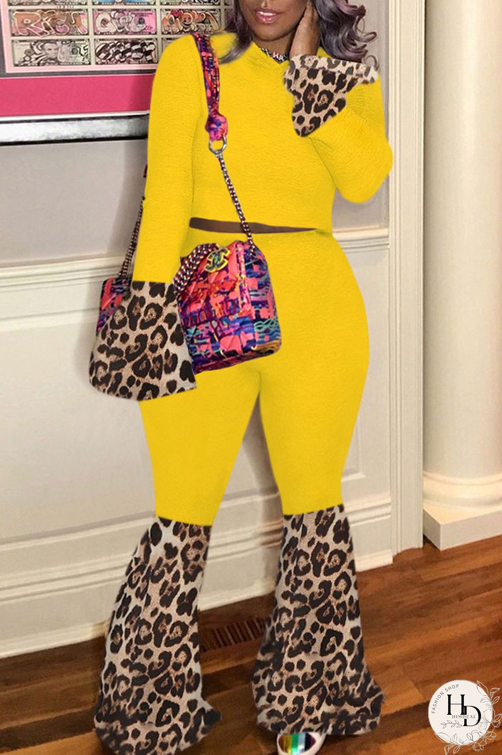 Yellow Street Print Split Joint Hooded Collar Long Sleeve Two Pieces