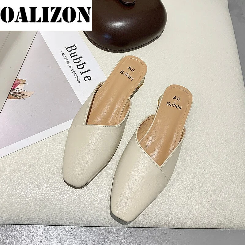 New Fashion Women Low Chunky PU Leather Square Toe Mules Slippers Shoes Lady Woman Summer Casual Sandals Slippers Women's Shoes