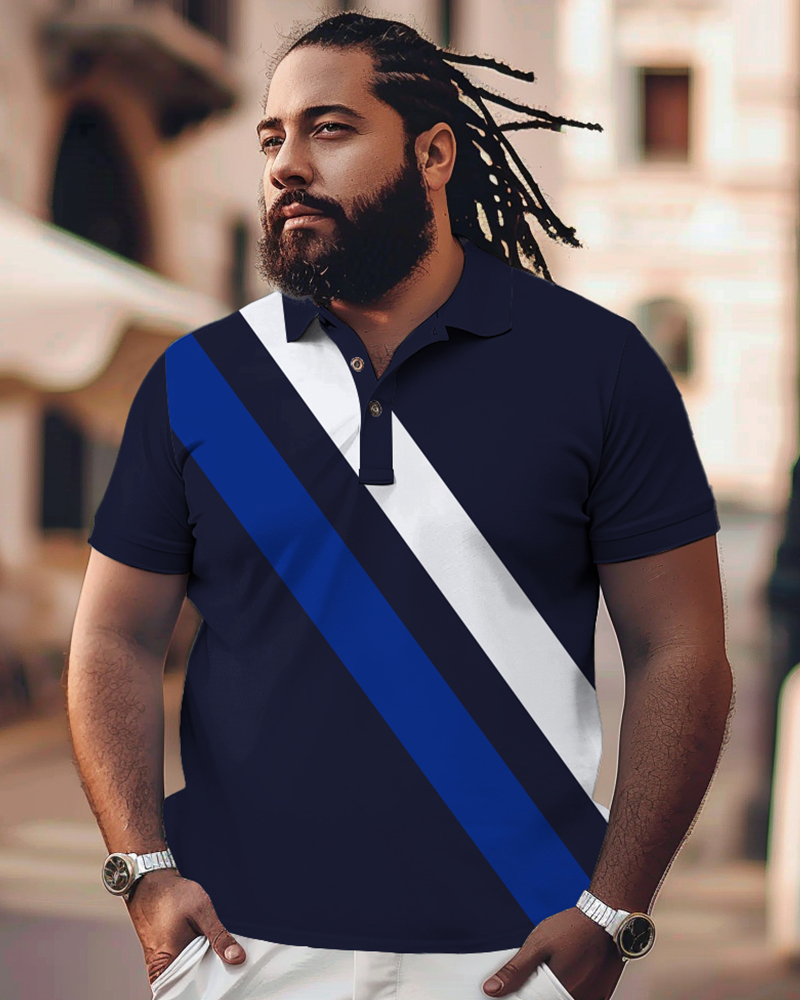 Striped Printed Large Black Men's Polo Shirt