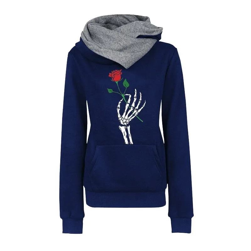 Winter Rose Print Hoodies Women Clothes Fashion Long Sleeve Fleece Keep Vintage Sweatshirt Plus Size Halloween Pullovers Tops