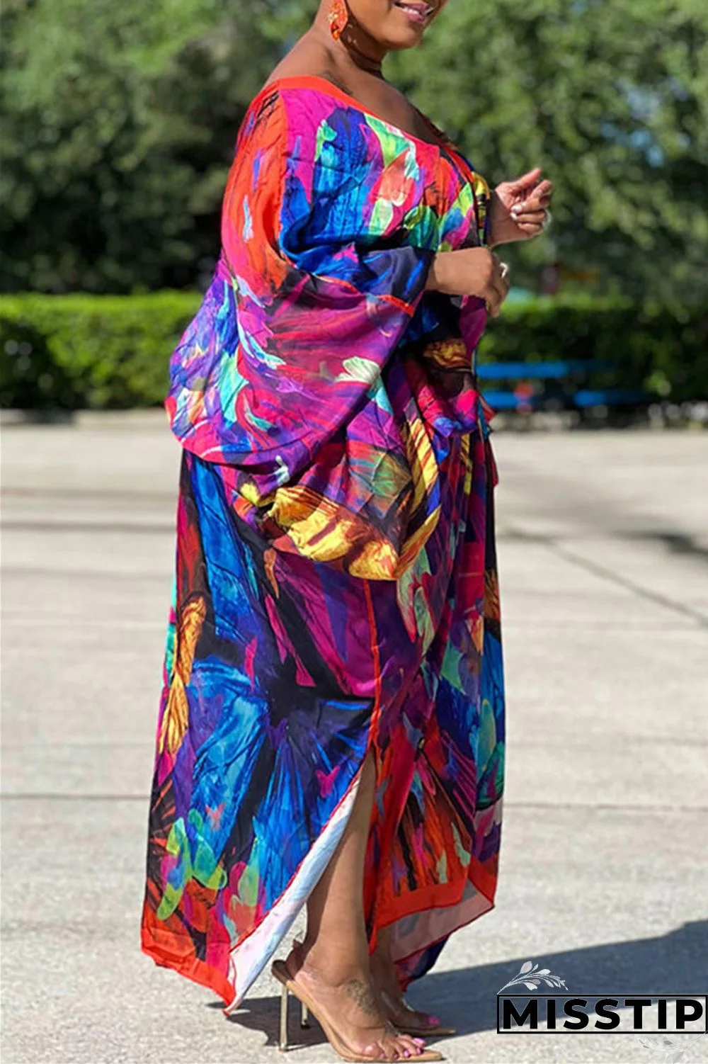 Red Gray Casual Print Patchwork V Neck Irregular Dress Plus Size Dresses