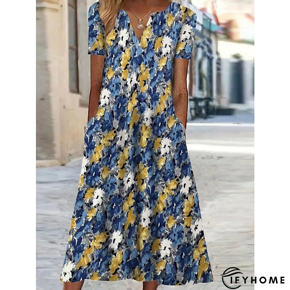 Women's Casual Dress Shift Dress Print Dress Floral Pocket Print V Neck Midi Dress Active Fashion Outdoor Vacation Short Sleeve Regular Fit Black Yellow Blue Spring Summer S M L XL XXL | IFYHOME