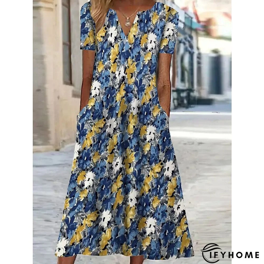 Women's Casual Dress Shift Dress Print Dress Floral Pocket Print V Neck Midi Dress Active Fashion Outdoor Vacation Short Sleeve Regular Fit Black Yellow Blue Spring Summer S M L XL XXL | IFYHOME