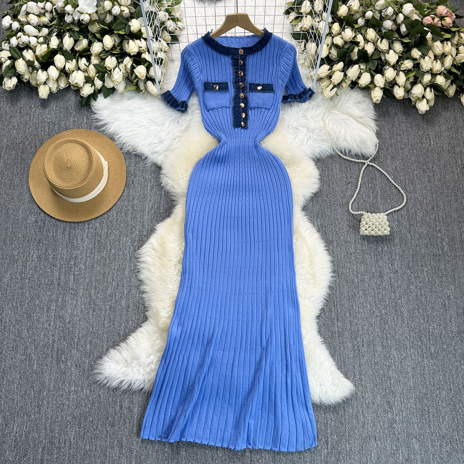 Kanonion Long Dress Women Dresses Knitted Bodycon Vestidos Streetwear Round Neck High Waist Elegant Button Y2k Party Club Slim Fit White