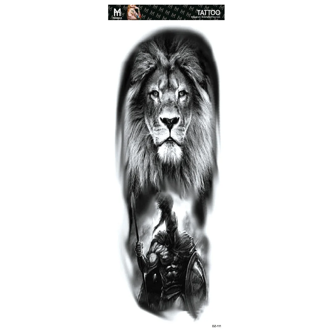 Fake Tattoo Lion Warrior For Men Waterproof Temporary Snake Flower Sticker Totem Geometric Full Arm Large Size Sleeve Tatoo Boys
