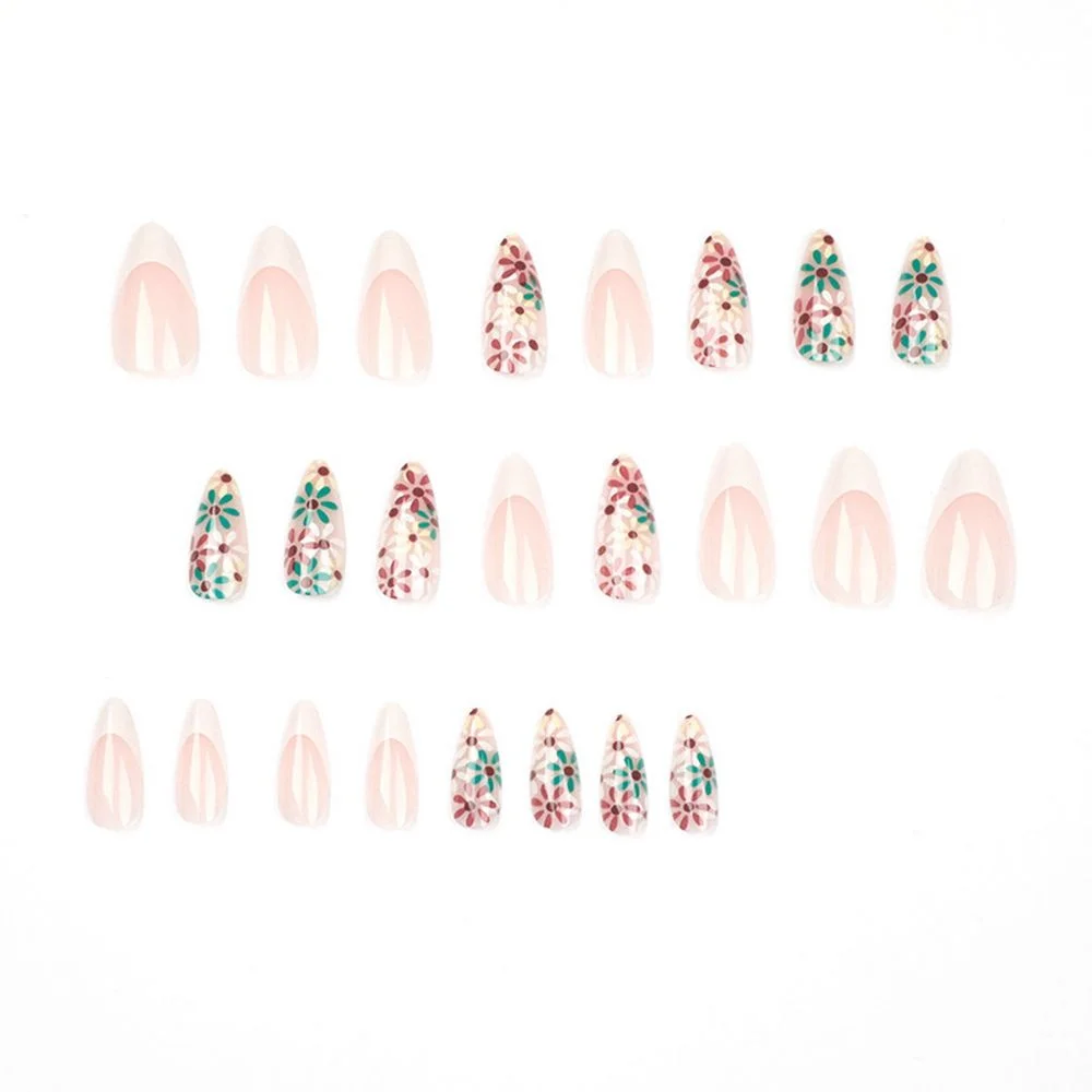 Churchf Oval Head False Nails Almond flower Artificial Fake Nails With Glue Full Cover Nail Tips Press On Nails DIY Manicure Tools-Nail Inspo