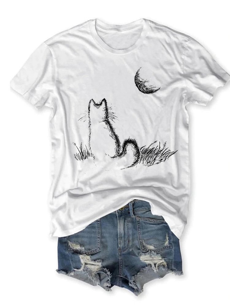 Bestdealfriday Cat Moon Graphic Tee