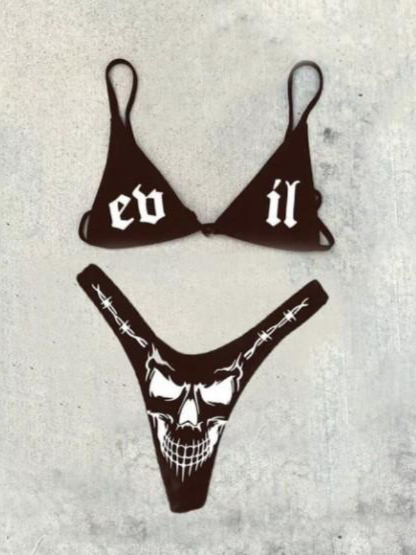 Sexy Girl Solid Color Skull&letter Printed Spaghetti Strap Triangle Two-piece Bikini Sets