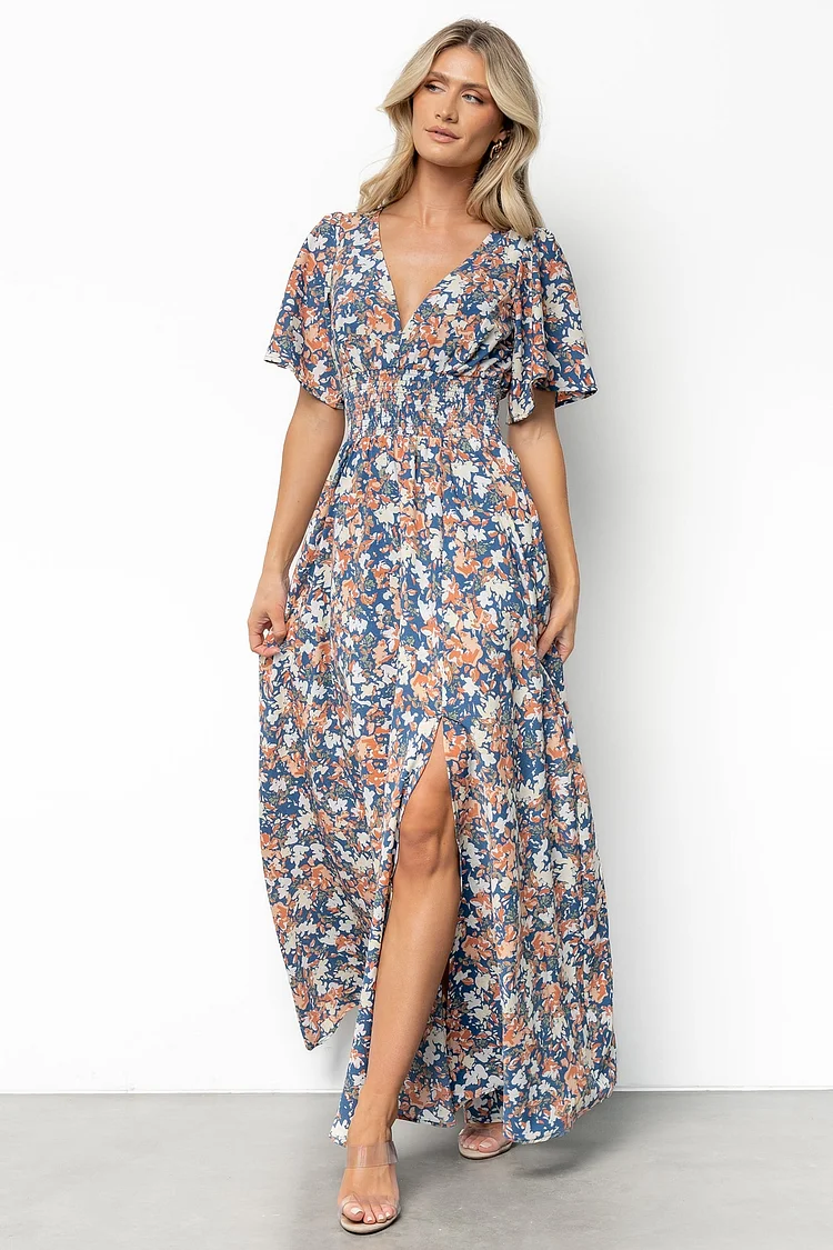 Smocked Floral Maxi Dress - Blue Floral