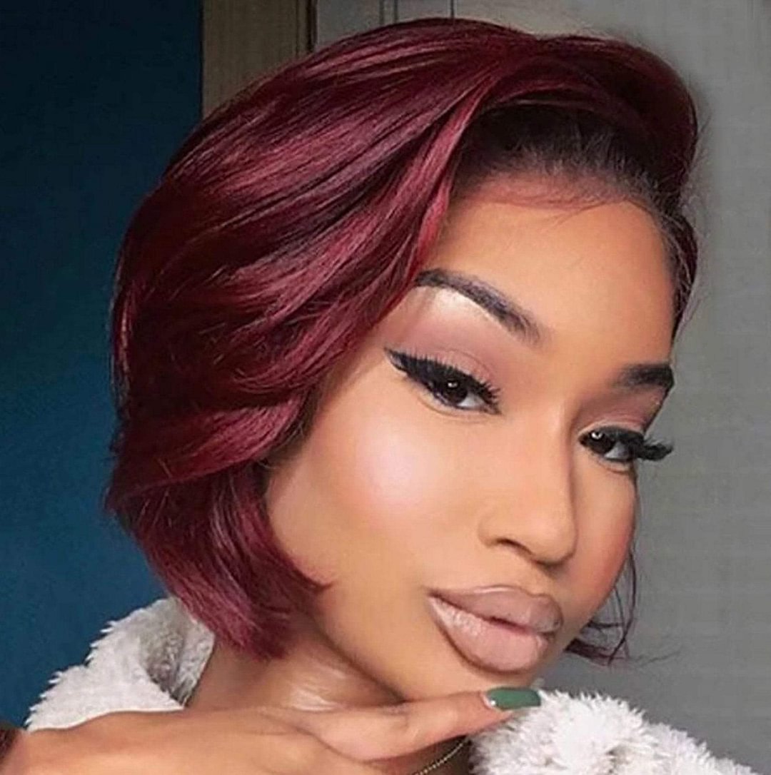 100% Human Hair 13x1 HD Lace Wig Wine Red Bob Hair
