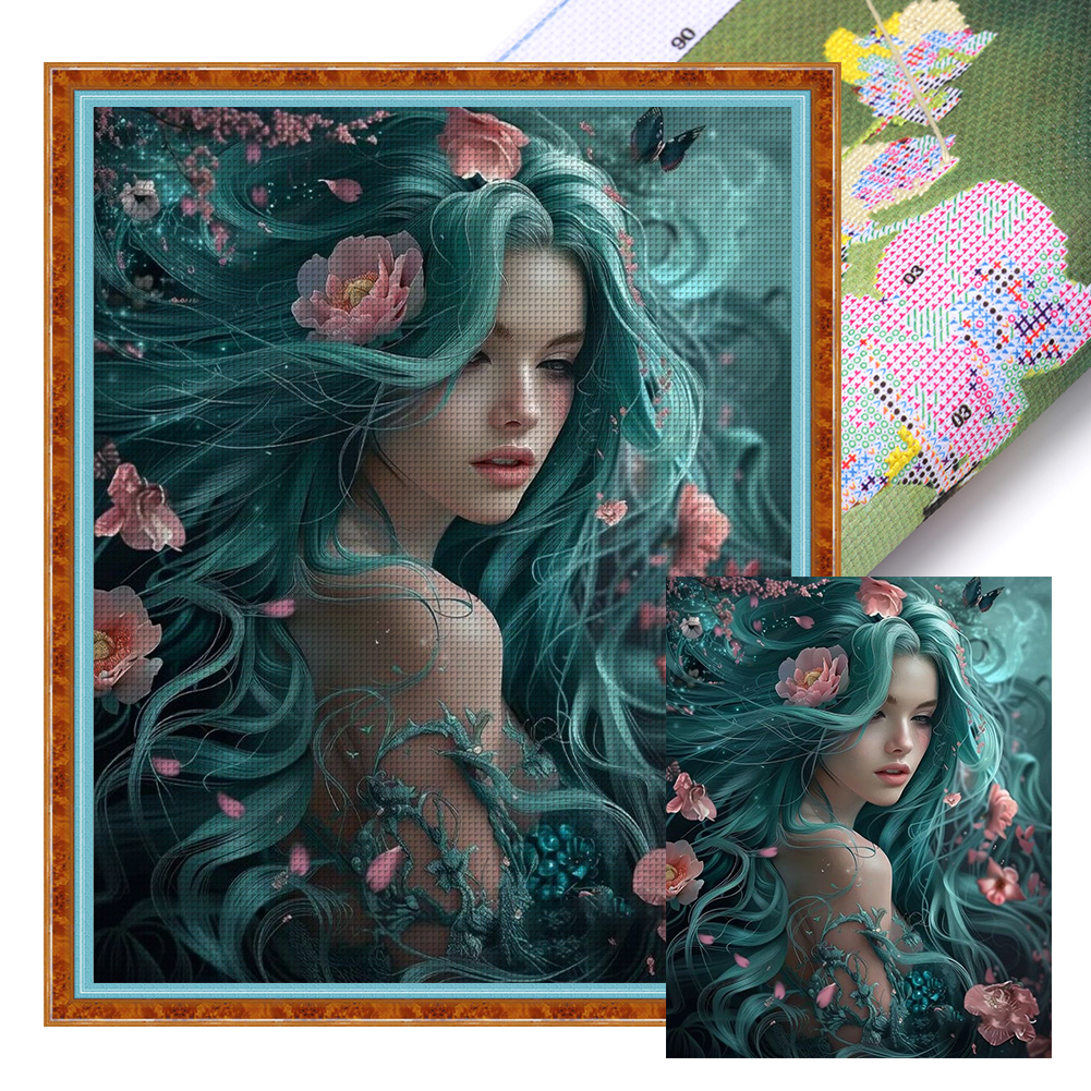 Blue-Haired Girl Full 14CT Pre-stamped Canvas(45*55cm) Cross Stitch
