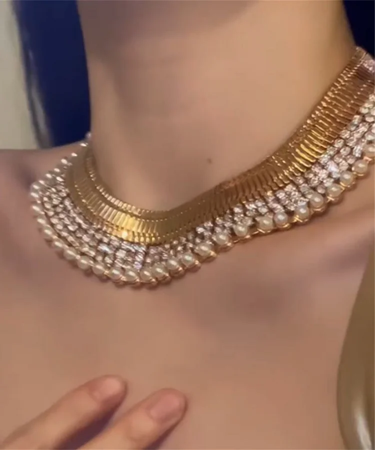 Boho Gold Copper Alloy Zircon Pearl Gratuated Bead Necklace