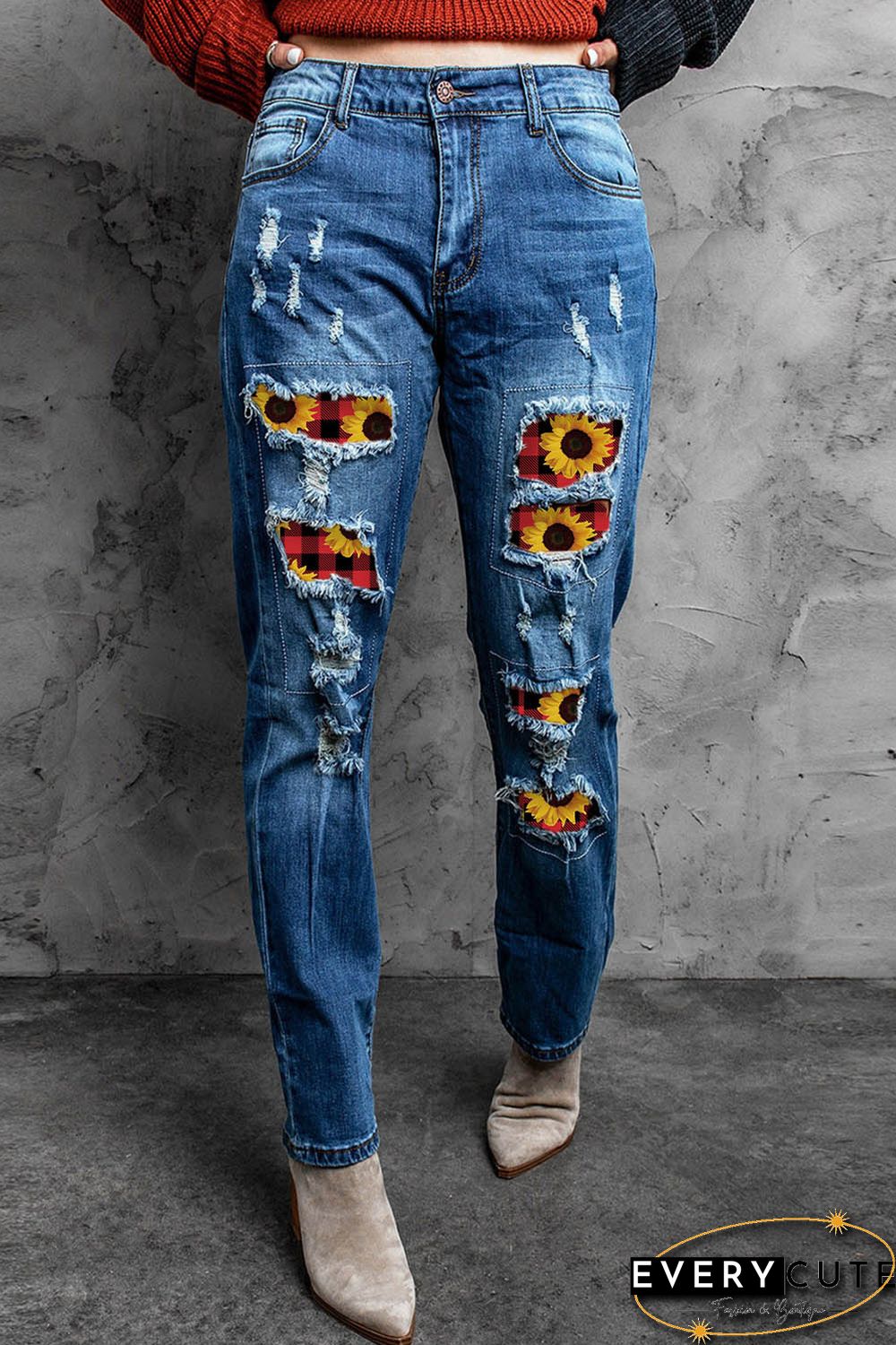 Sunflower Plaid Patch Ripped Boyfriend Jeans