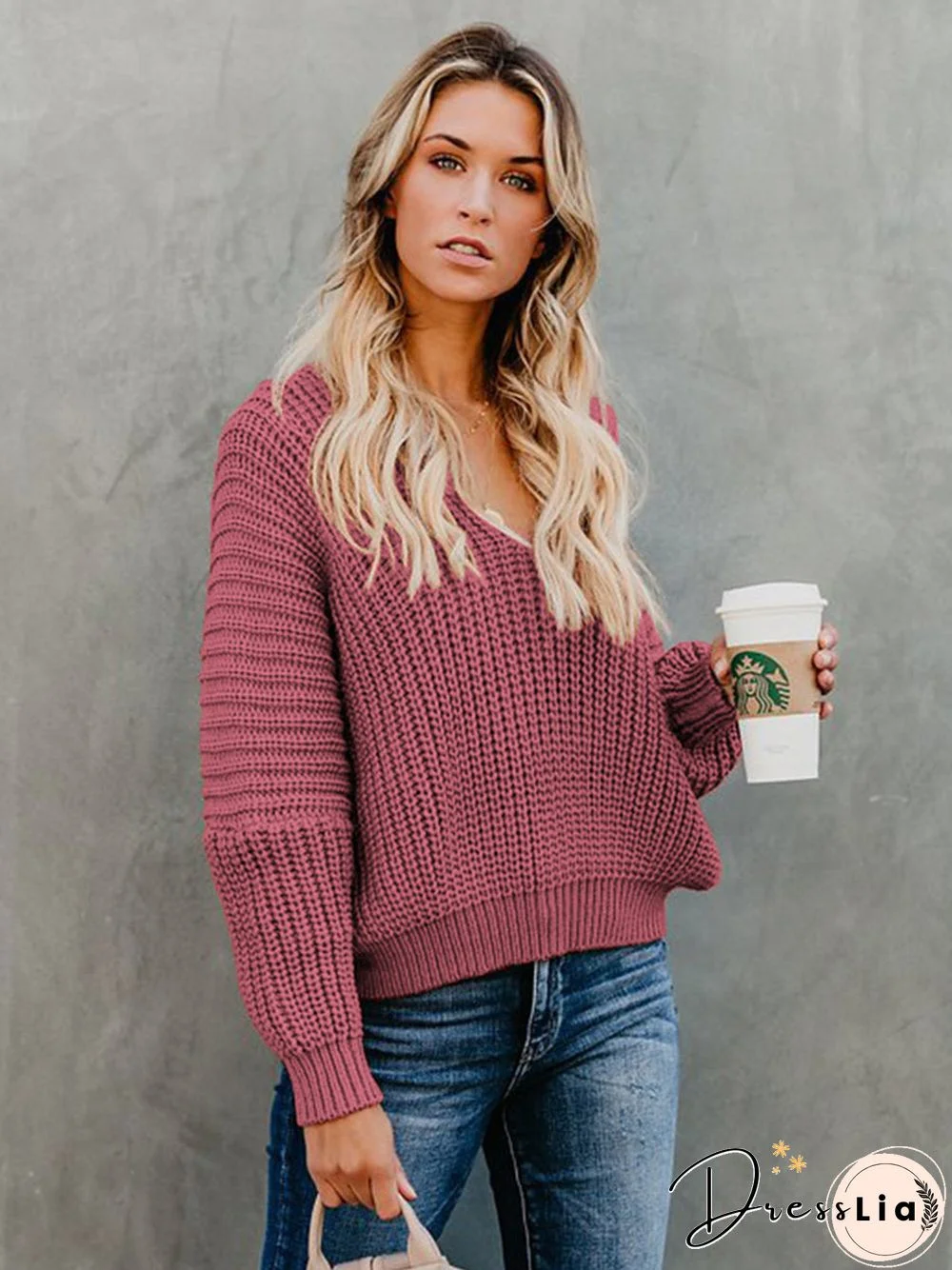 Indianred Loose Long Sleeve Knit V-Neck Sweater