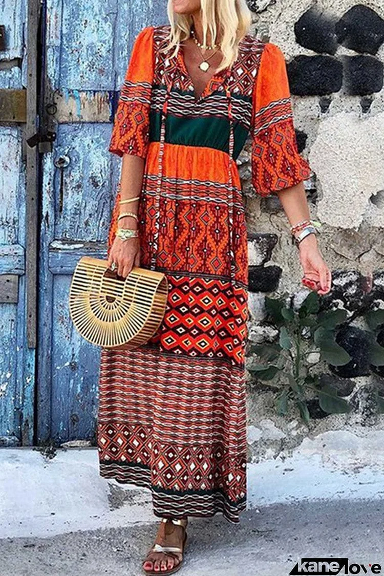 Bohemia Print Half Sleeve Maxi Dress