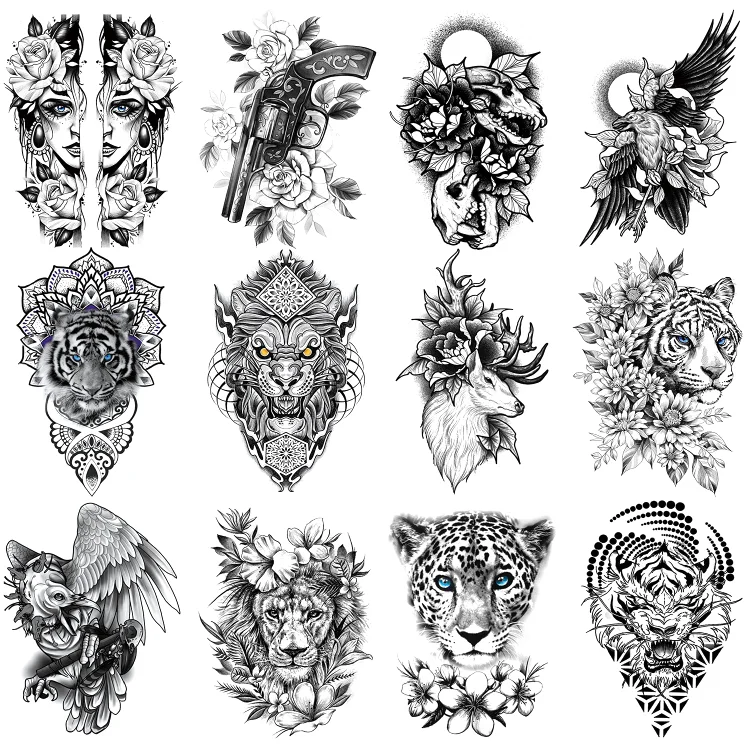 12 Sheets Arm Fake Waterproof Temporary Tattoos Stickers, Black Women Gun Flower Bird Eagle Tiger Lion Deer Leopard Animal Set