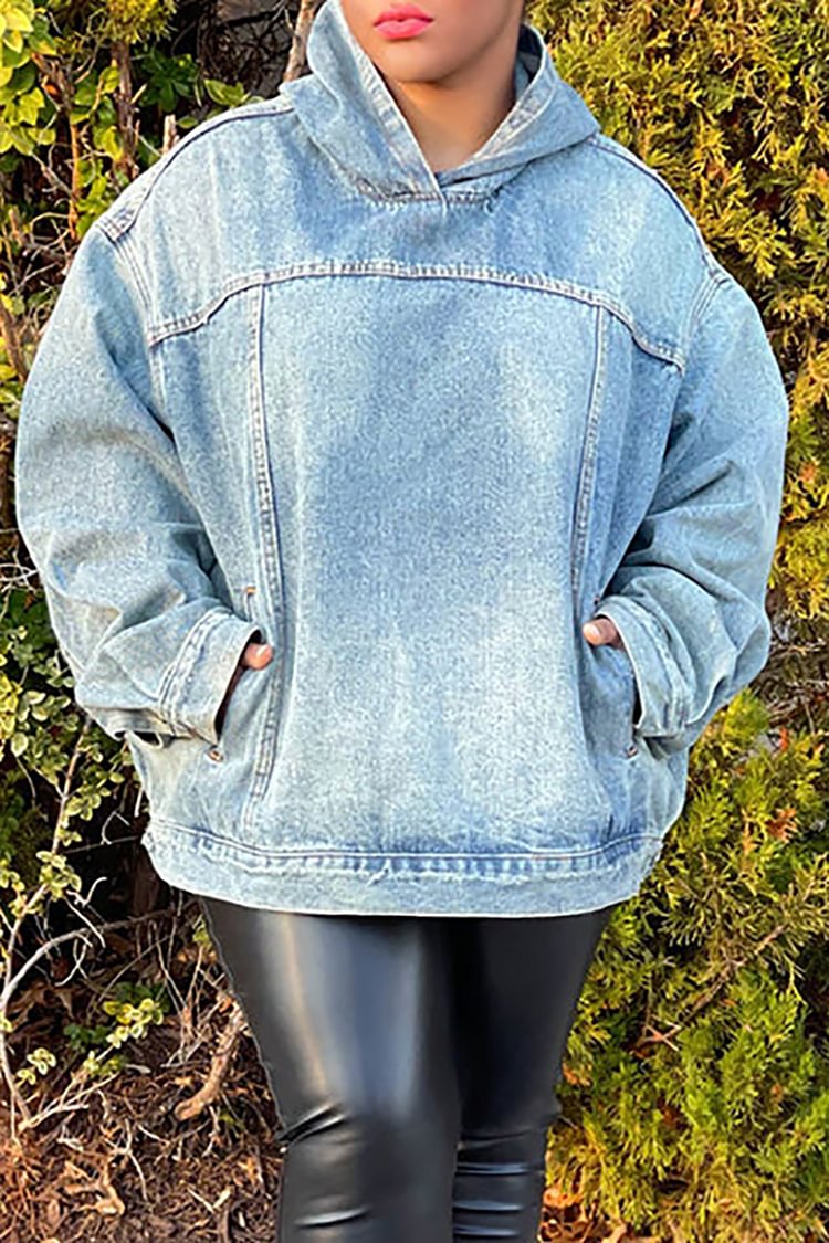 Xpluswear Plus Size Casual Denim Blue Pockets Design Hoodies [Pre-Order]