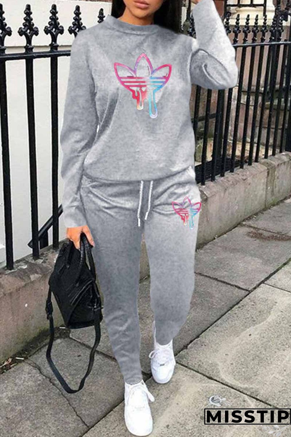 Grey Casual Print Patchwork O Neck Long Sleeve Two Pieces