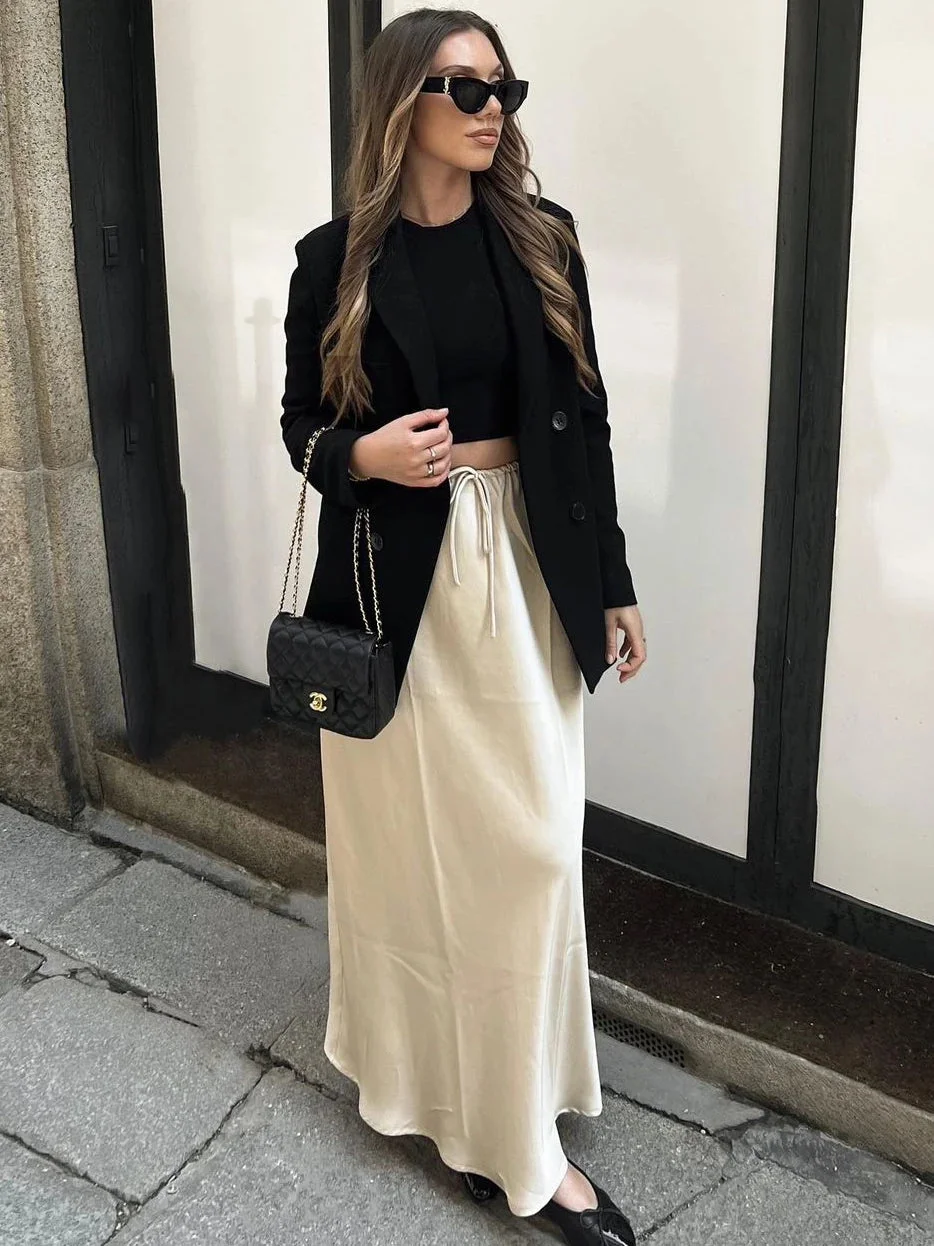Oocharger Lace-Up High Waist Fashion Long Skirt Women Drawstring Loose Casual Solid Patchwork Fashion Streetwear Female Maxi Skirt