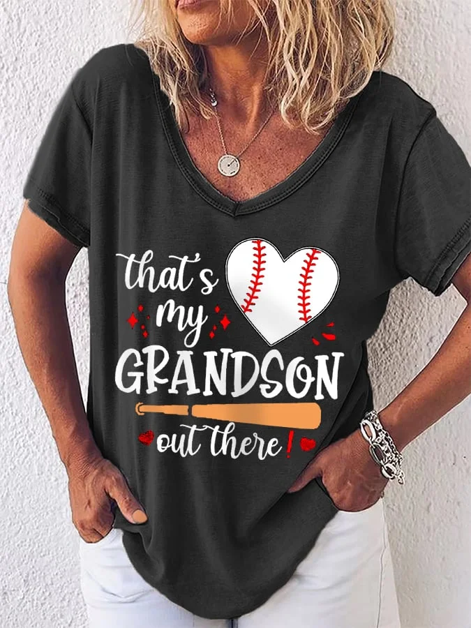 Women's That's My Grandson Out There Baseball Grandma Casual V-Neck Tee socialshop