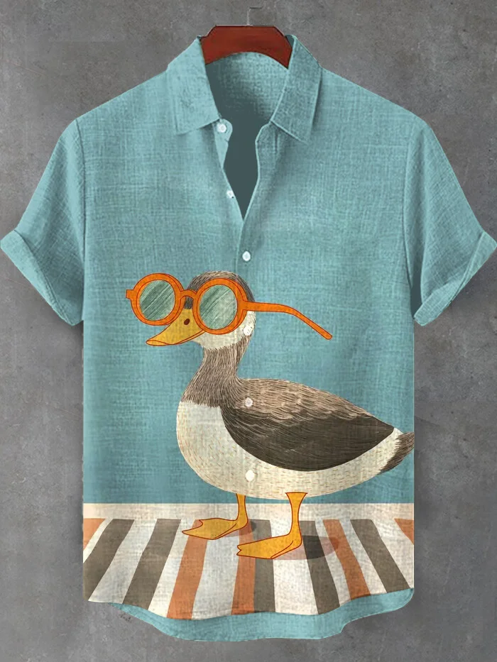 Men's Duck Wearing Glasses Print Short Sleeve Shirt