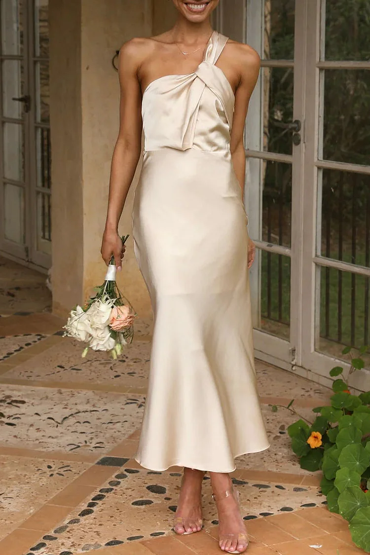 White Sweet Elegant Solid One Shoulder Evening Dress Dresses